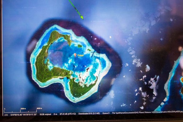 The Google Earth image. The green arrow at the top is us, approaching the pass into the Fulaga lagoon.